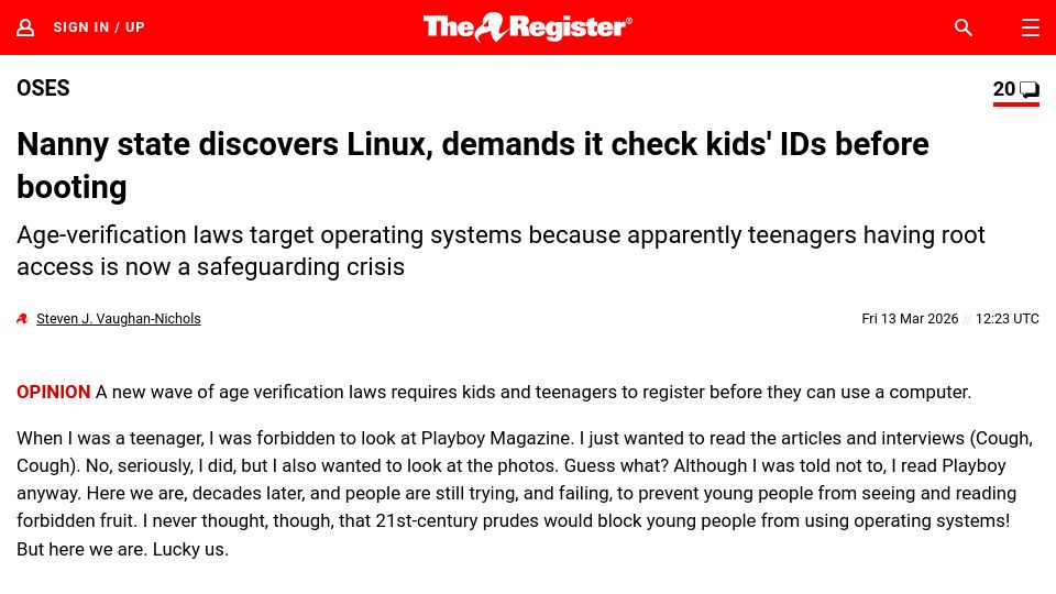 Screenshot of theregister.com: Nanny state discovers Linux, demands it check kids' IDs before booting