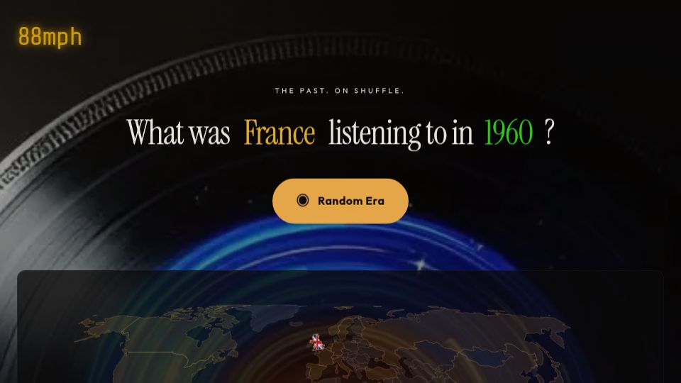 Screenshot of 88mph.fm: Show HN: What was the world listening to? Music charts, 20 countries (1940–2025)