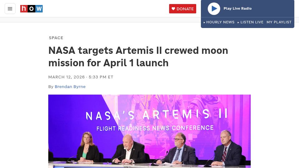 Screenshot of npr.org: NASA targets Artemis II crewed moon mission for April 1 launch