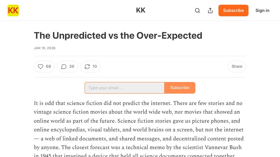 Screenshot of kevinkelly.substack.com: The Unpredicted vs. the Over-Expected