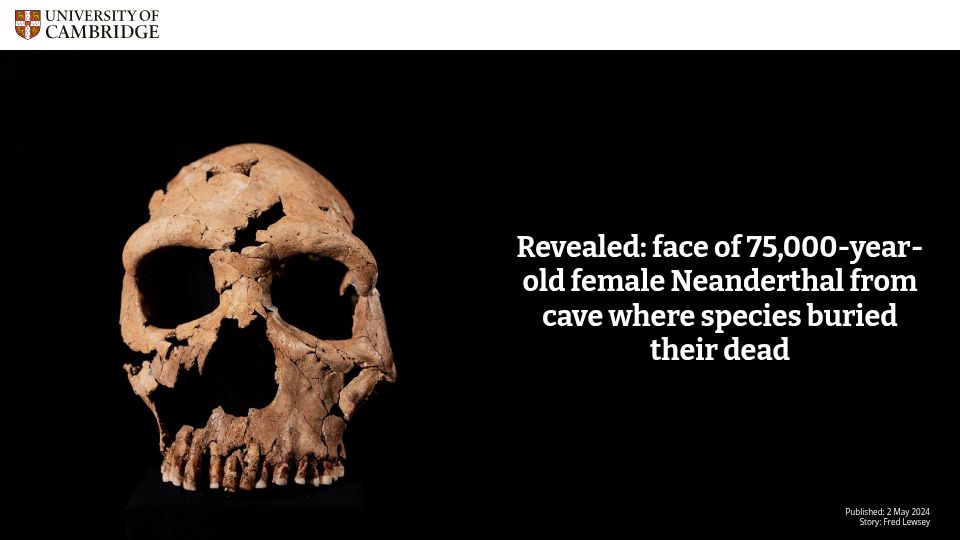 Screenshot of cam.ac.uk: Revealed: Face of 75,000-year-old female Neanderthal from cave
