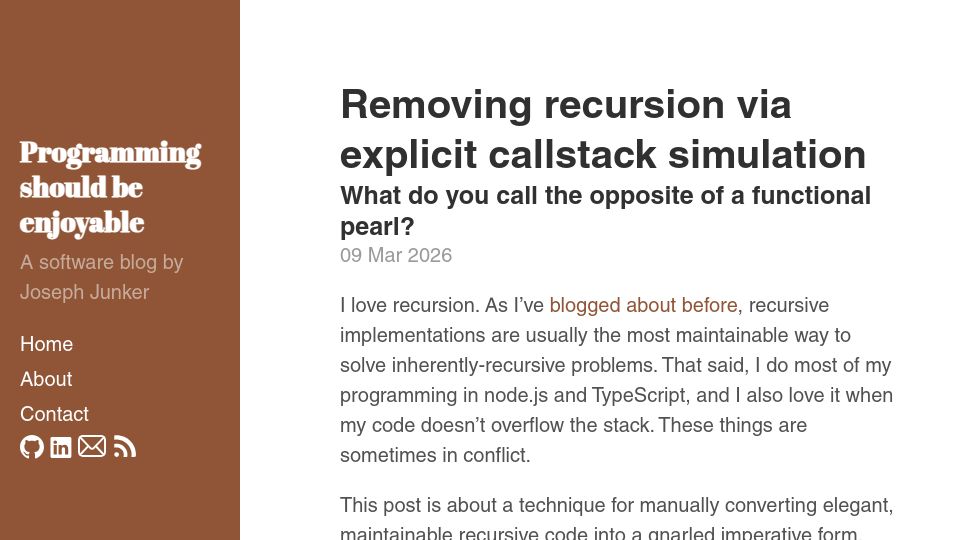 Screenshot of jnkr.tech: Removing recursion via explicit callstack simulation