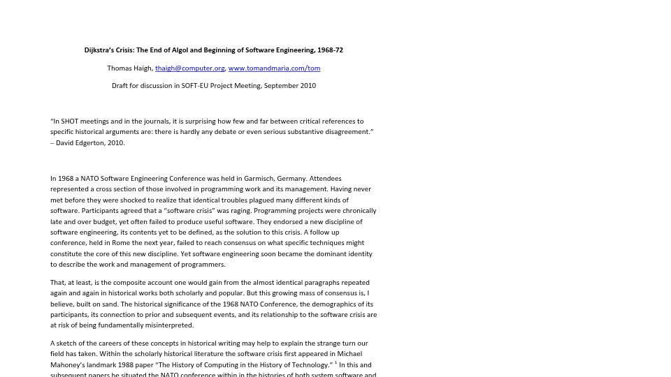 Screenshot of tomandmaria.com: Dijkstra's Crisis: The End of Algol and Beginning of Software Engineering (2010) [pdf]