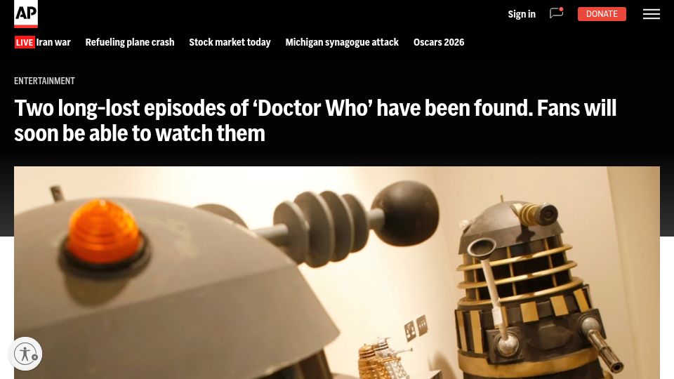 Screenshot of apnews.com: Two long-lost episodes of 'Doctor Who' have been found