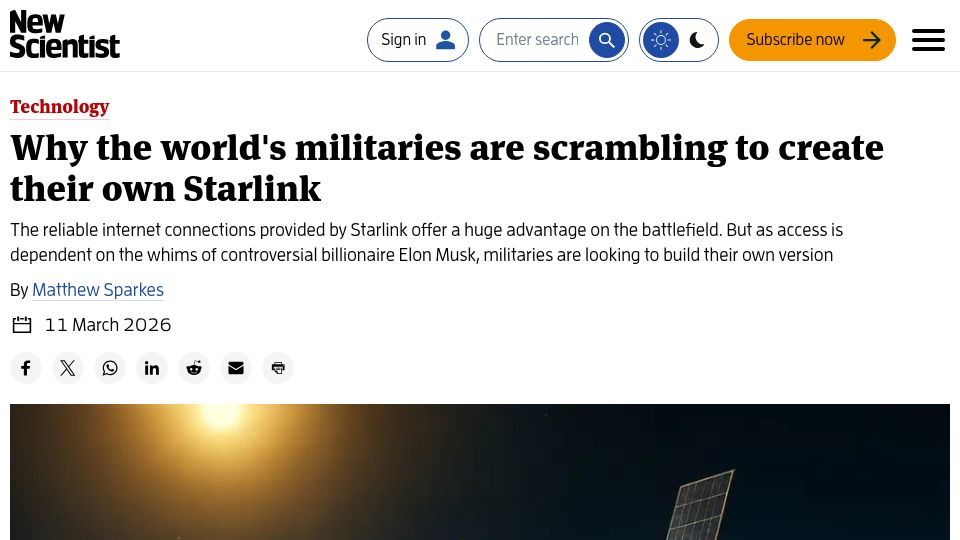 Screenshot of newscientist.com: Militaries are scrambling to create their own Starlink