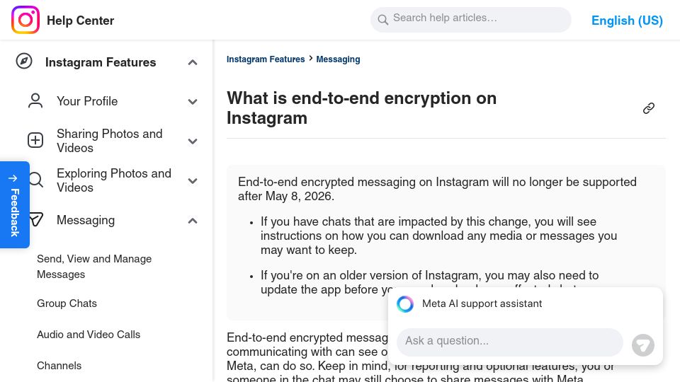 Screenshot of help.instagram.com: E2E encrypted messaging on Instagram will no longer be supported after 8 May