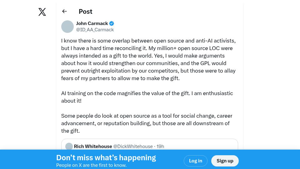 Screenshot of twitter.com: John Carmack about open source and anti-AI activists