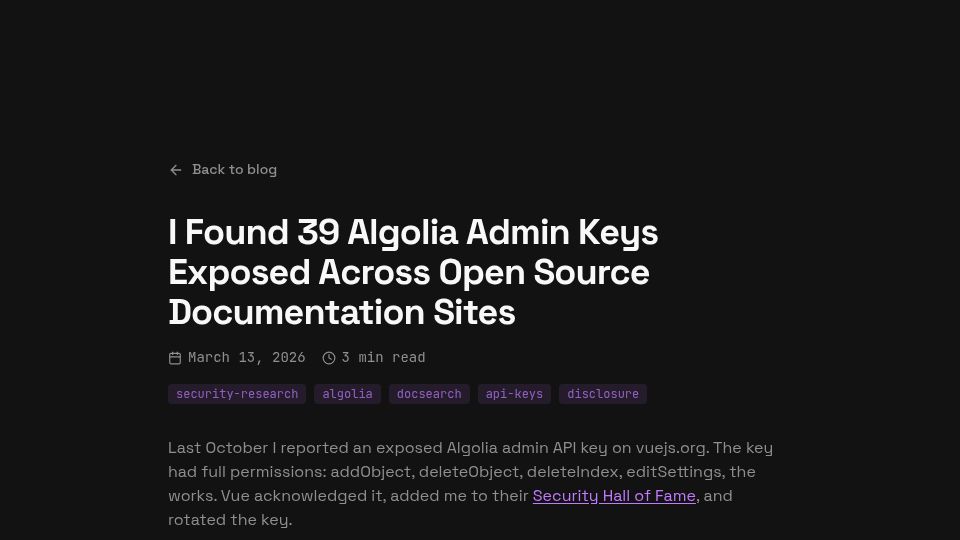 Screenshot of benzimmermann.dev: I found 39 Algolia admin keys exposed across open source documentation sites