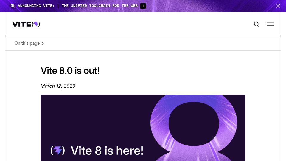 Screenshot of vite.dev: Vite 8.0 Is Out