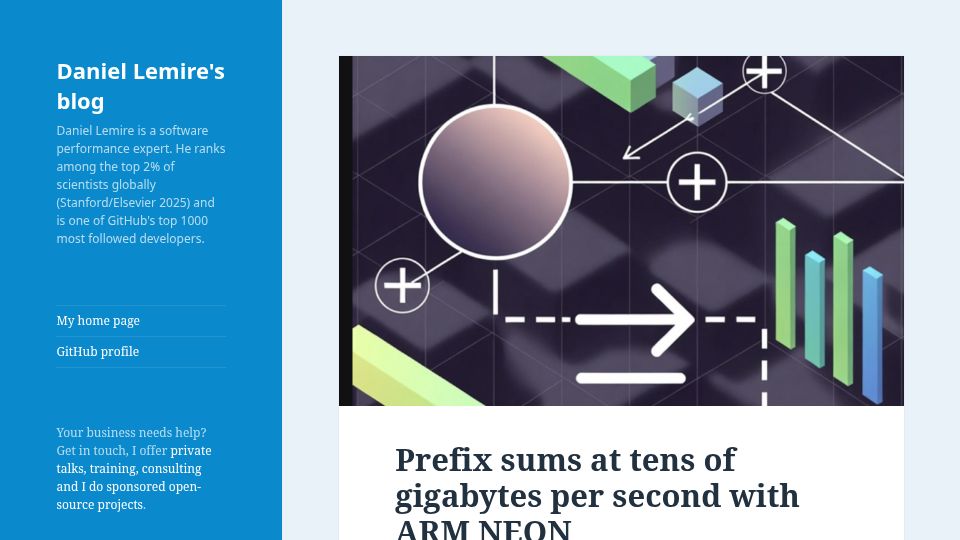Screenshot of lemire.me: Prefix sums at gigabytes per second with ARM NEON