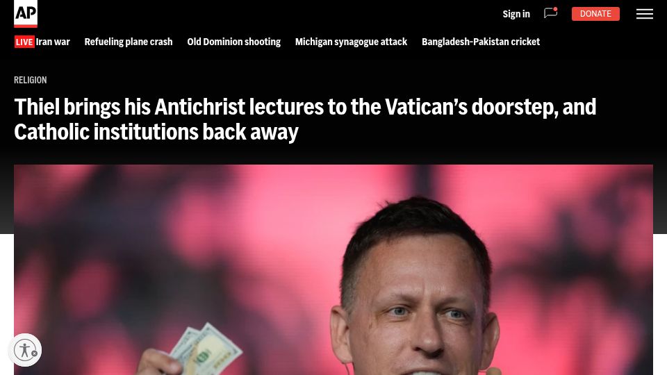 Screenshot of apnews.com: Peter Thiel's Antichrist Lectures
