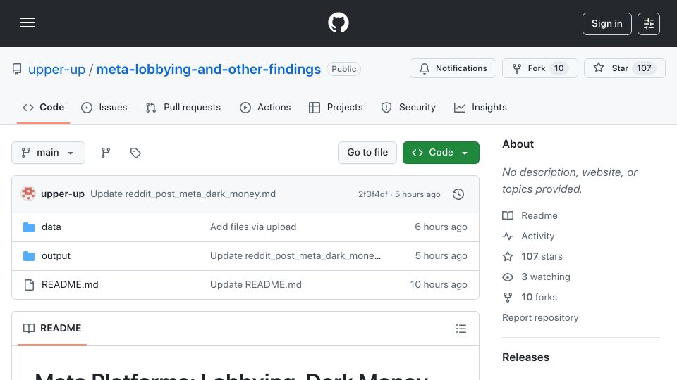Screenshot of github.com: Meta Platforms: Lobbying, Dark Money, and the App Store Accountability Act
