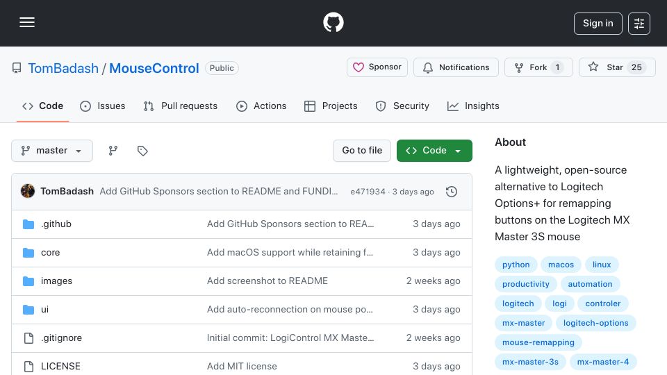 Screenshot of github.com: Mouser: An open source alternative to Logi-Plus mouse software
