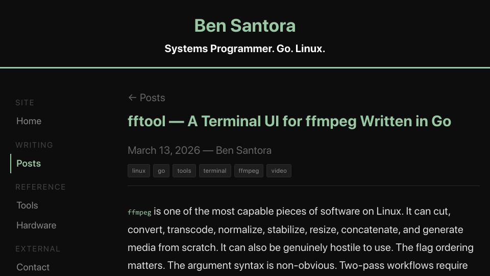 Screenshot of bensantora.com: Show HN: fftool – A Terminal UI for FFmpeg – Shows Command Before It Runs