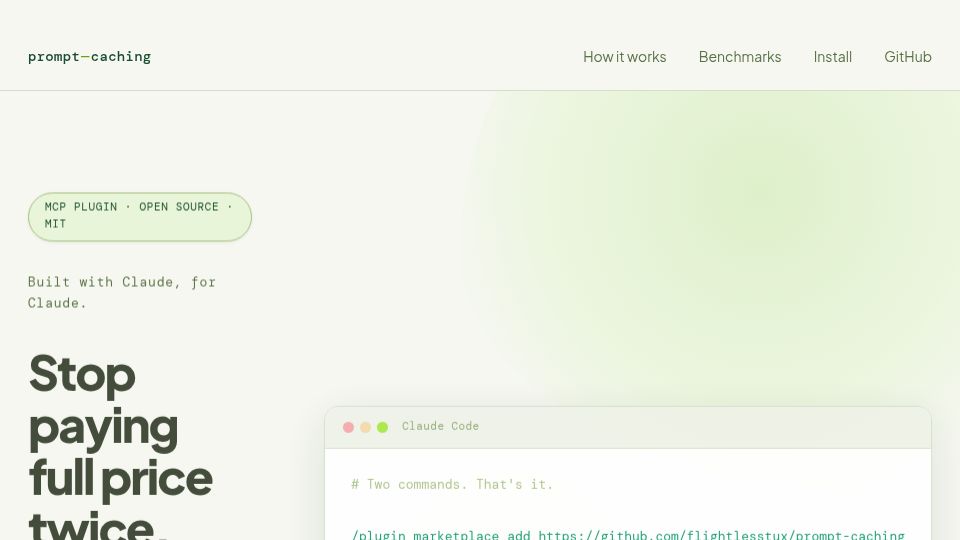 Screenshot of prompt-caching.ai: Prompt-caching – auto-injects Anthropic cache breakpoints (90% token savings)