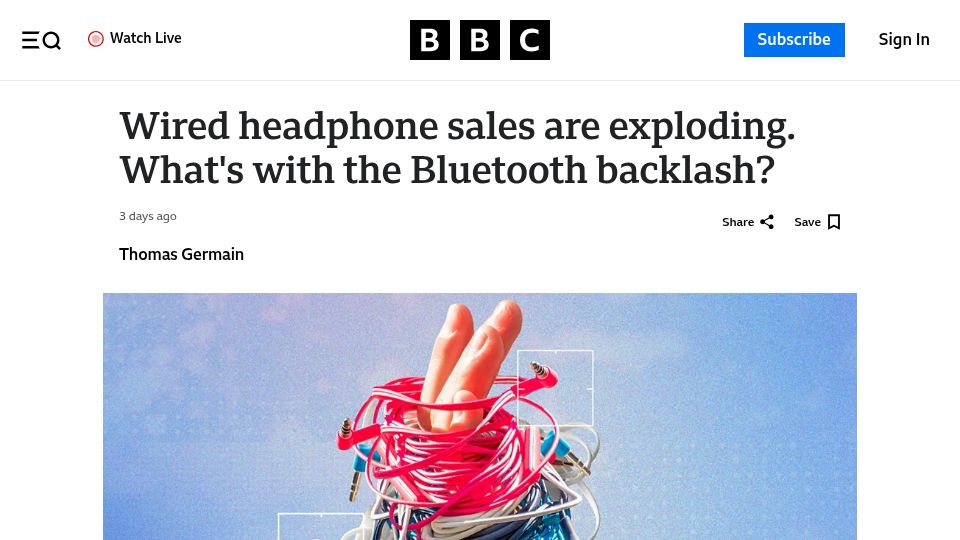 Screenshot of bbc.com: Wired headphone sales are exploding
