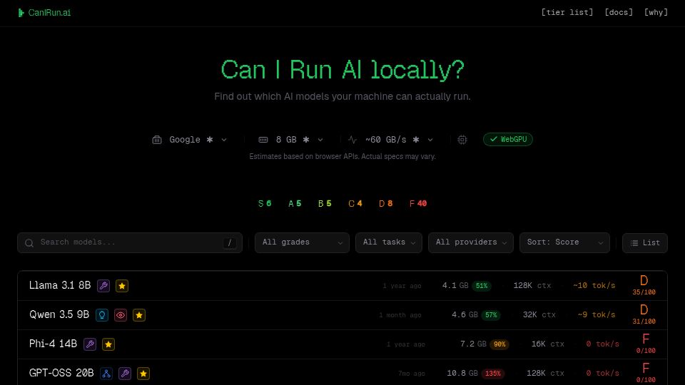 Screenshot of canirun.ai: Can I run AI locally?