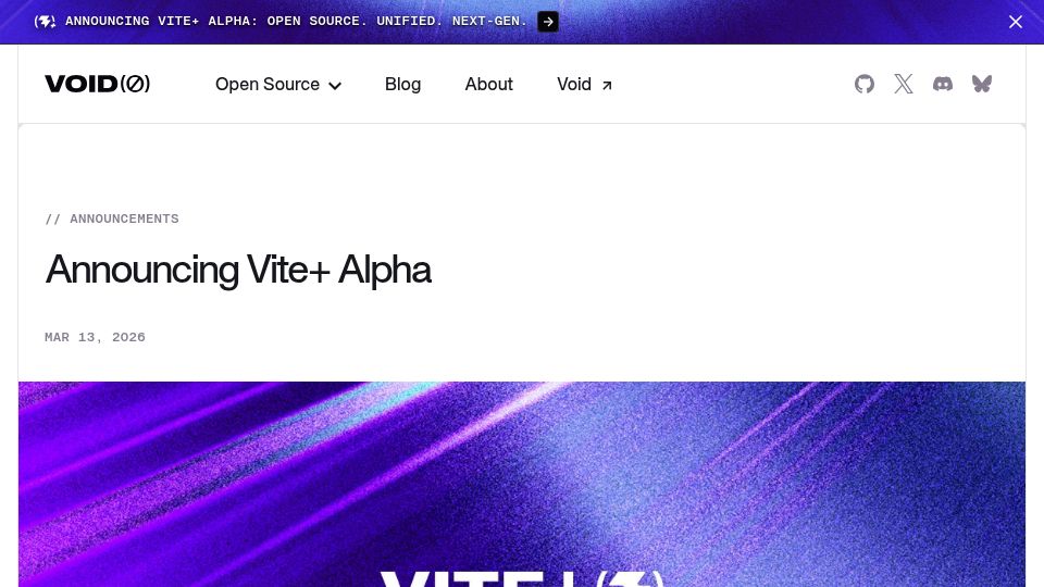 Screenshot of voidzero.dev: Vite+ Alpha: Unified Toolchain for the Web (MIT License)