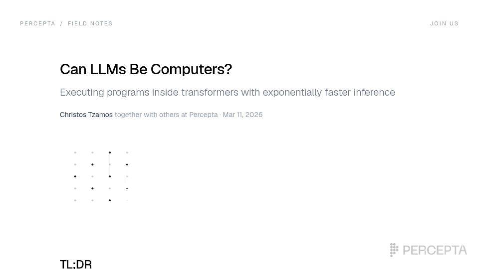 Screenshot of percepta.ai: Executing programs inside transformers with exponentially faster inference