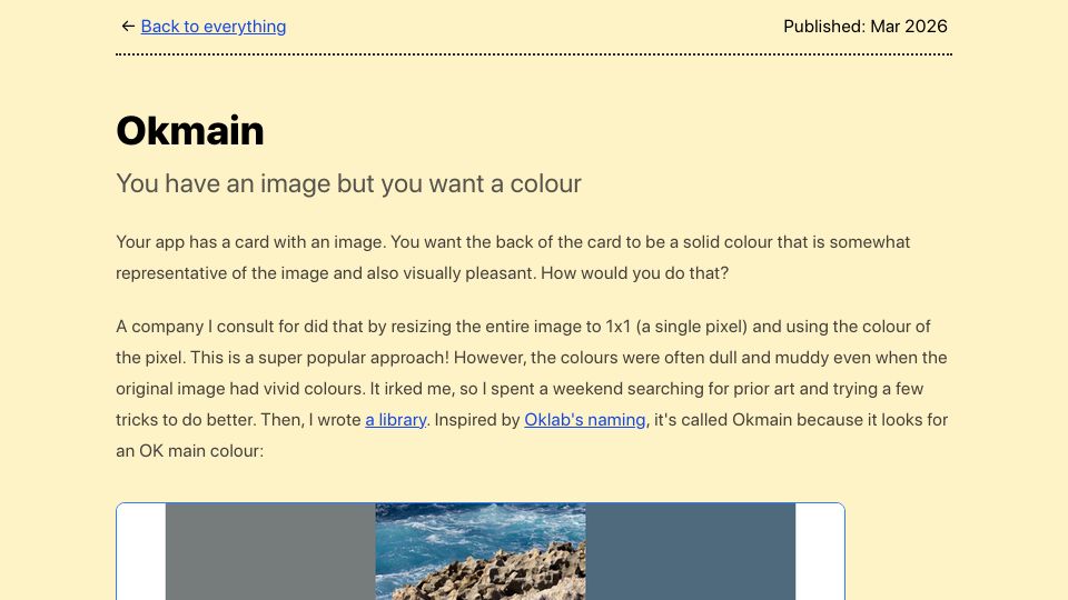 Screenshot of dgroshev.com: Okmain: How to pick an OK main colour of an image