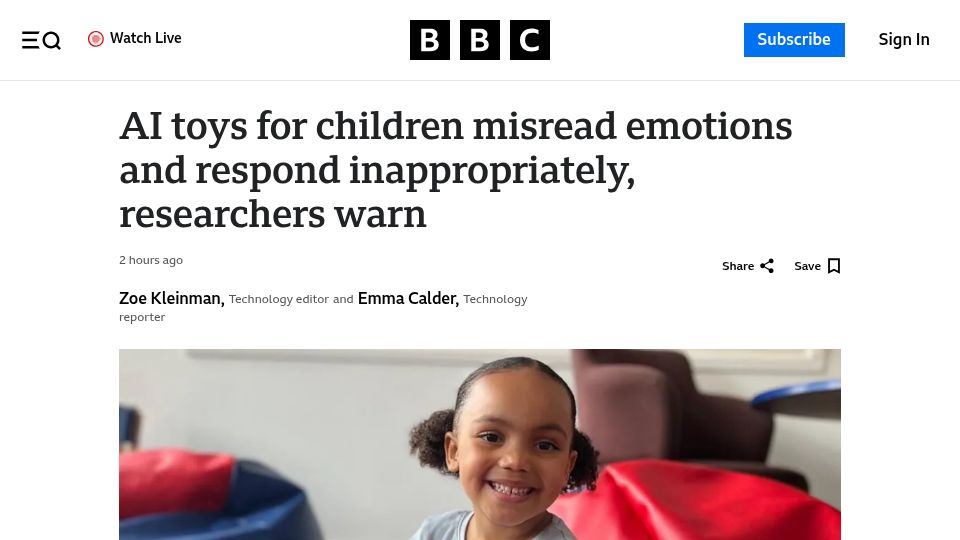 Screenshot of bbc.co.uk: AI toys for children misread emotions and respond inappropriately