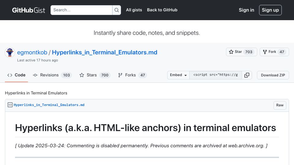 Screenshot of gist.github.com: Hyperlinks in terminal emulators