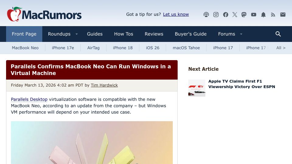 Screenshot of macrumors.com: Parallels confirms MacBook Neo can run Windows in a virtual machine