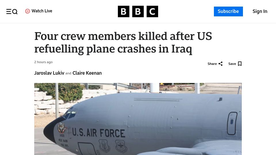 Screenshot of bbc.com: Four crew members killed after US refuelling plane crashes in Iraq