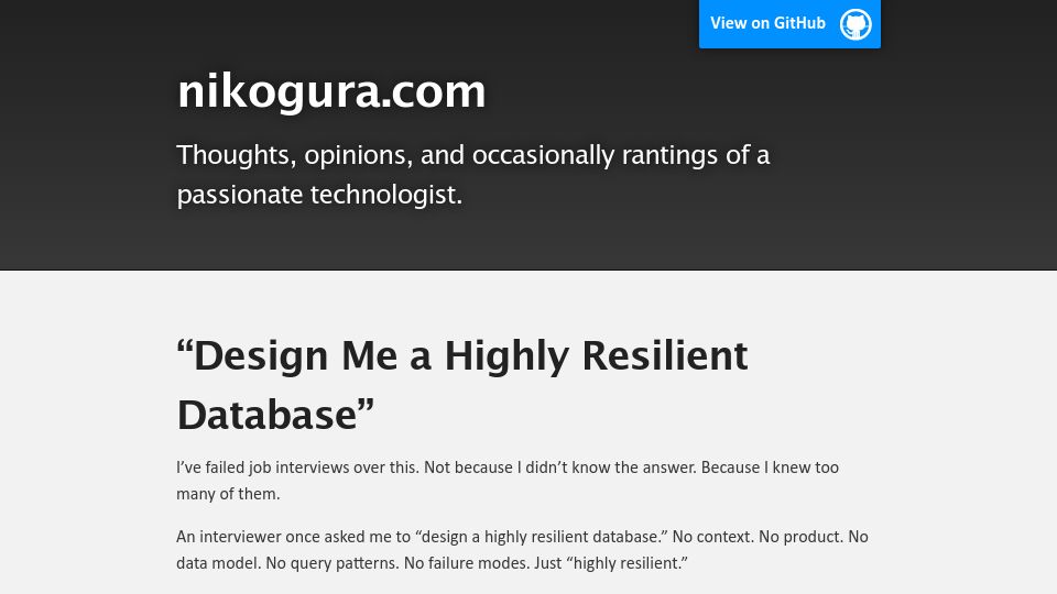 Screenshot of nikogura.com: “Design me a highly resilient database”