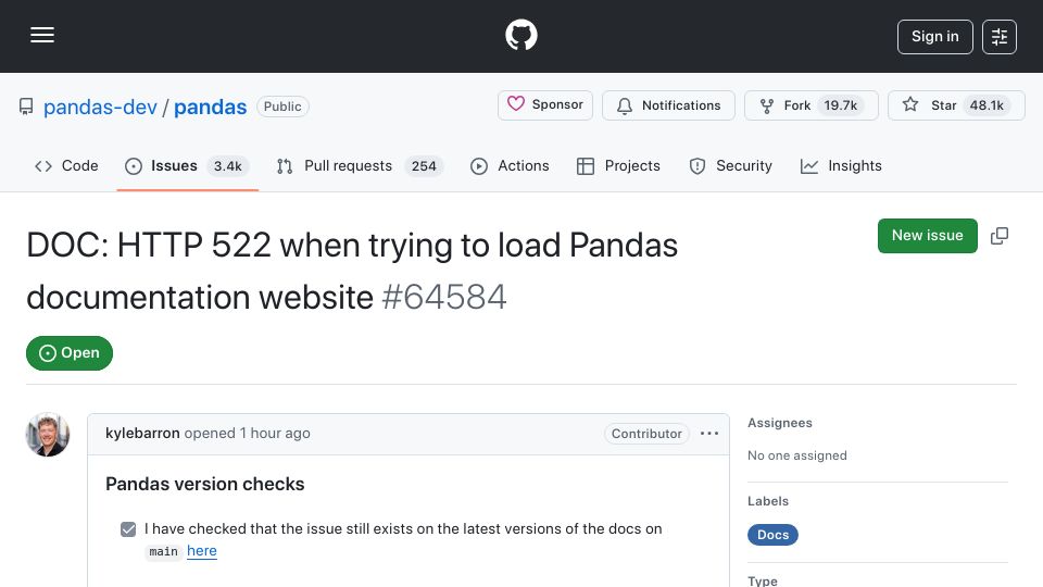 Screenshot of github.com: OVH forgot they donated documentation hosting to Pandas