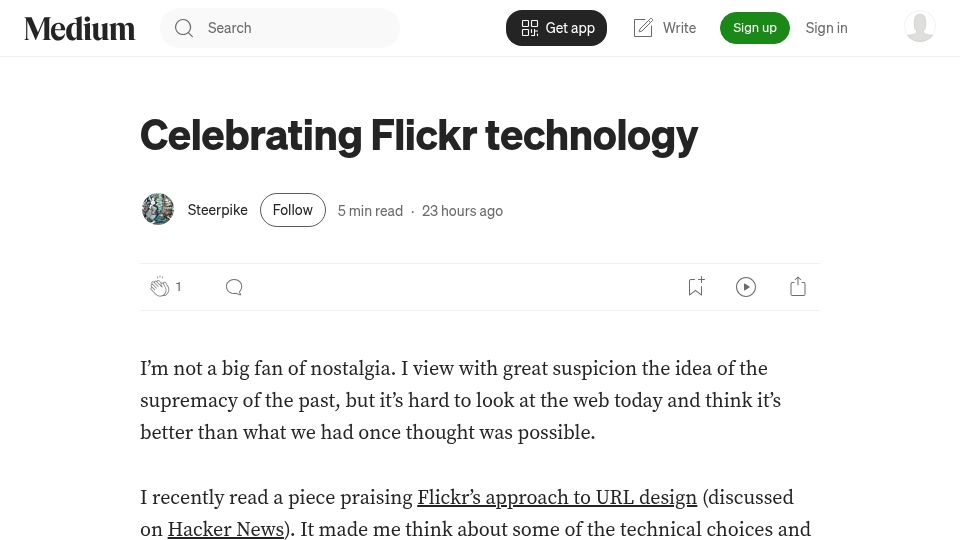Screenshot of medium.com: Celebrating Interesting Flickr Technologies