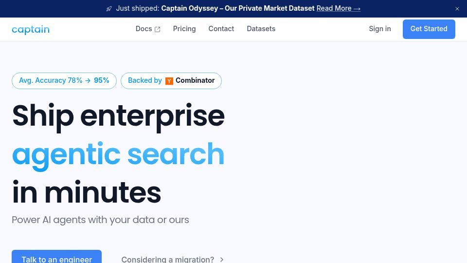 Screenshot of runcaptain.com: Launch HN: Captain (YC W26) – Automated RAG for Files