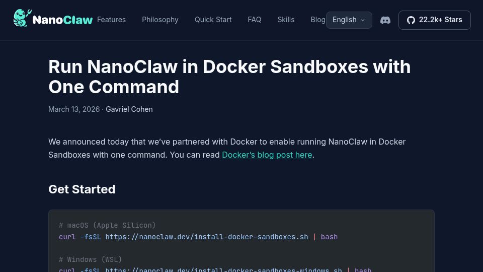 Screenshot of nanoclaw.dev: Run NanoClaw in Docker Sandboxes