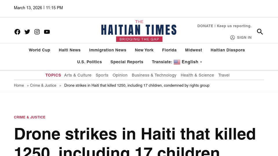 Screenshot of haitiantimes.com: Human Rights Watch says drone strikes in Haiti have killed nearly 1,250 people