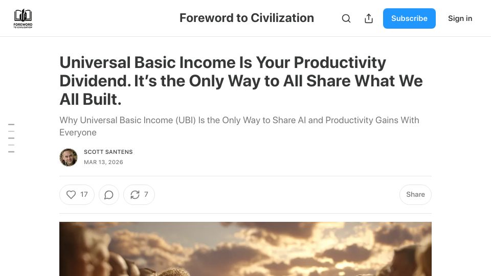 Screenshot of scottsantens.substack.com: UBI as a productivity dividend
