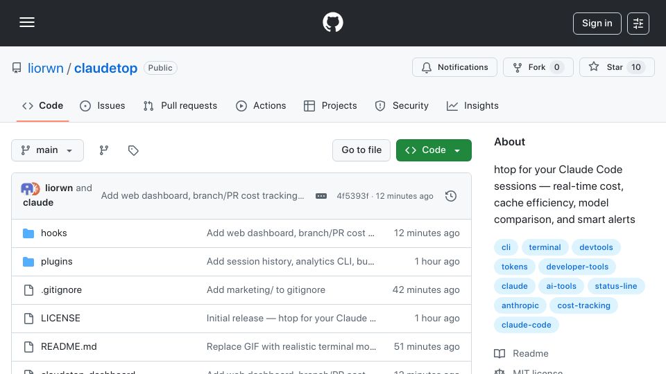 Screenshot of github.com: Claudetop – htop for Claude Code sessions (see your AI spend in real-time)