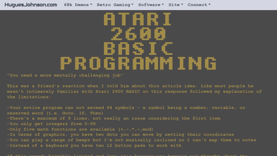 Screenshot of huguesjohnson.com: Atari 2600 BASIC Programming (2015)