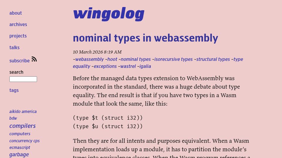 Screenshot of wingolog.org: Nominal Types in WebAssembly