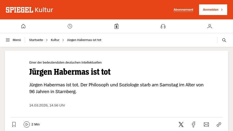 Screenshot of spiegel.de: Philosoph Jürgen Habermas Gestorben