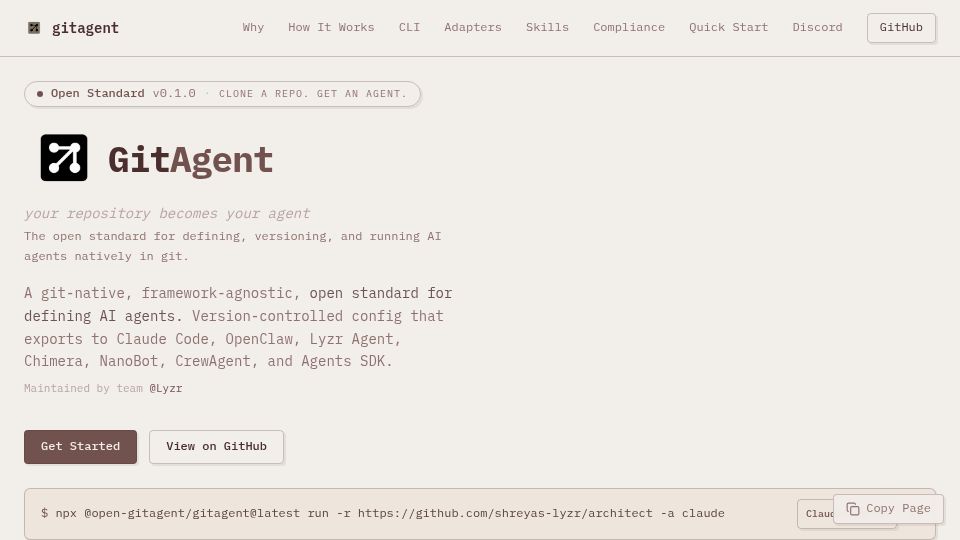 Screenshot of gitagent.sh: Show HN: GitAgent – An open standard that turns any Git repo into an AI agent