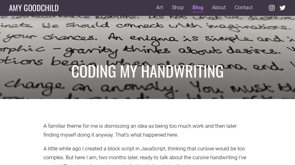 Screenshot of amygoodchild.com: Coding My Handwriting