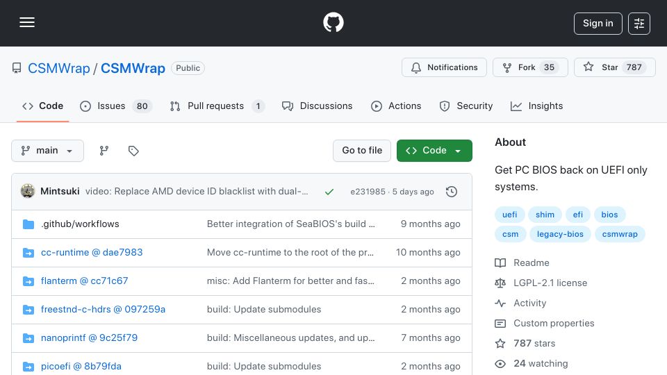 Screenshot of github.com: CSMWrap: Legacy BIOS booting on UEFI-only systems via SeaBIOS