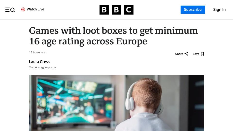 Screenshot of bbc.com: Games with loot boxes to get minimum 16 age rating across Europe