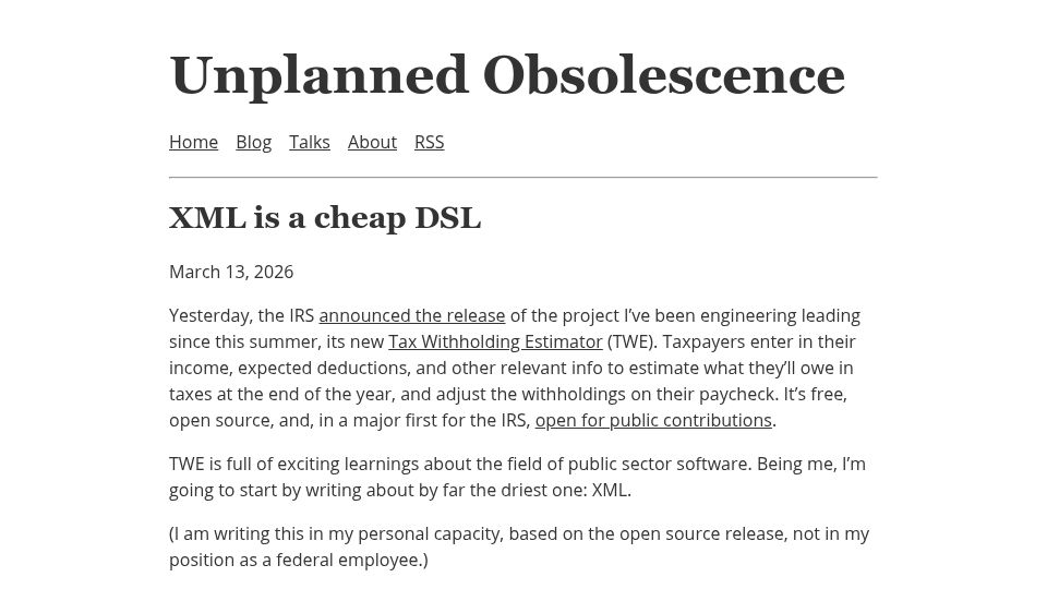 Screenshot of unplannedobsolescence.com: XML is a cheap DSL