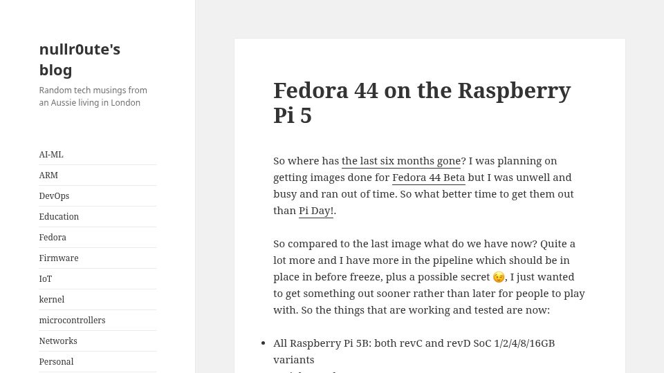 Screenshot of nullr0ute.com: Fedora 44 on the Raspberry Pi 5