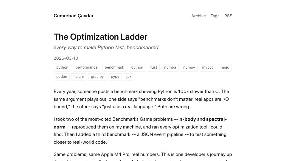 Screenshot of cemrehancavdar.com: Python: The Optimization Ladder