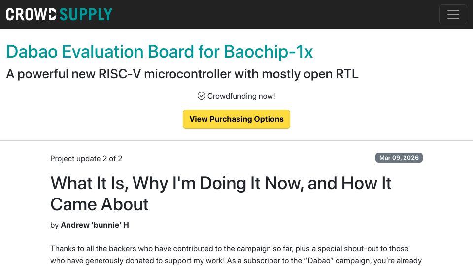 Screenshot of crowdsupply.com: Baochip-1x: What it is, why I'm doing it now and how it came about