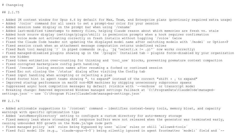 Screenshot of raw.githubusercontent.com: "Added 1M context window for Opus 4.6 by default for Max, Team, and Enterprise"