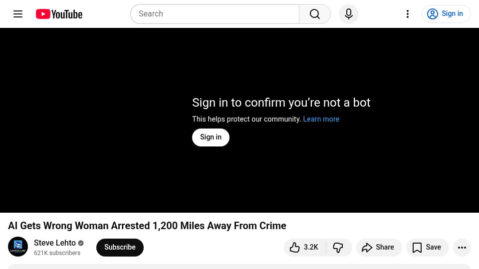 Screenshot of youtube.com: AI Gets Wrong Woman Jailed for Six Months, Life Ruined