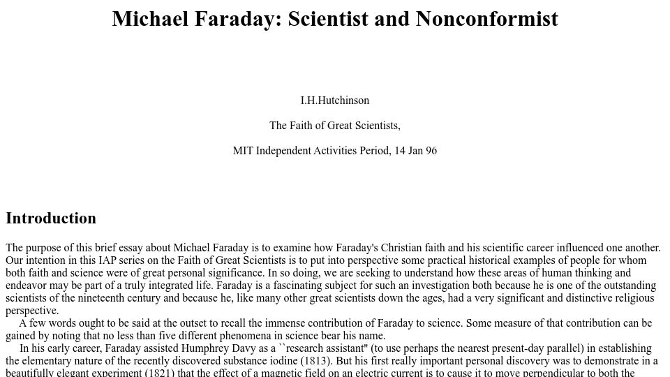 Screenshot of silas.psfc.mit.edu: Michael Faraday: Scientist and Nonconformist (1996)